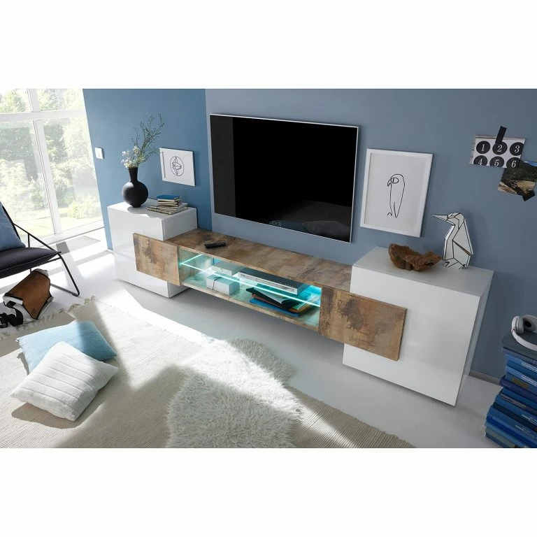Loftscape LC Spa Meuble TV Incastro – Blanc Brillant / Mat Beige Clair