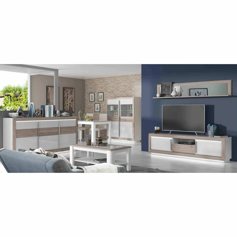 Loftscape Loftscape Buffet Wilander – Éclairage Inclus – Blanc Brillant / Imitation Chêne Nelson