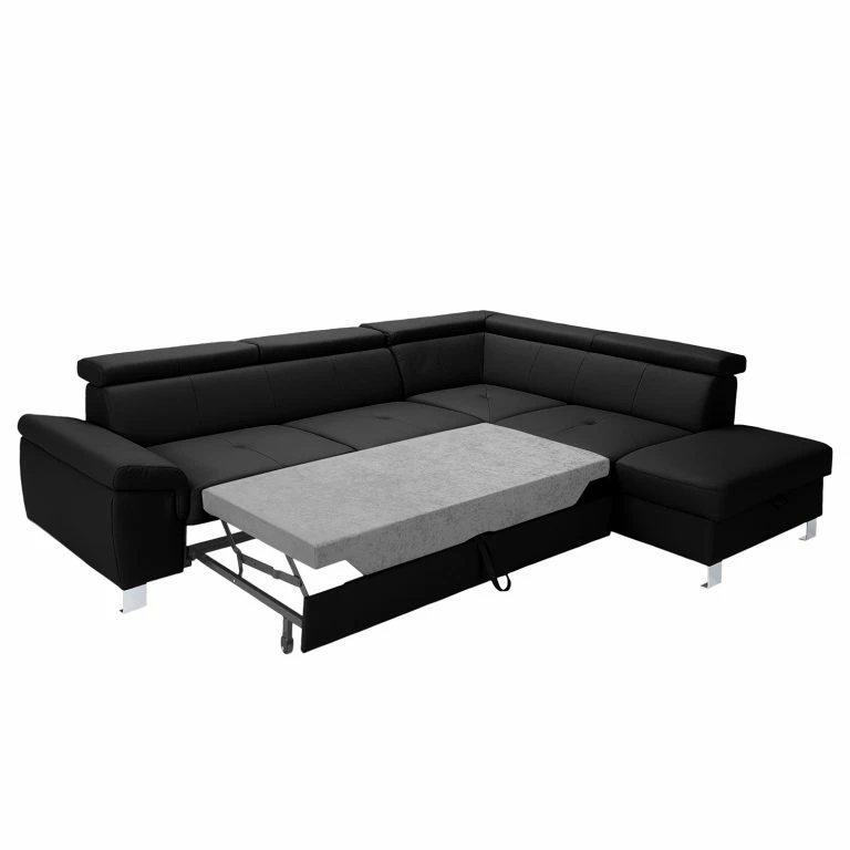 Loftscape Loftscape Canapé D’angle Busene – Cuir Véritable – Cuir Moja: Noir – Méridienne Longue à Droite (vue De Face) – Avec Fonction Couchage