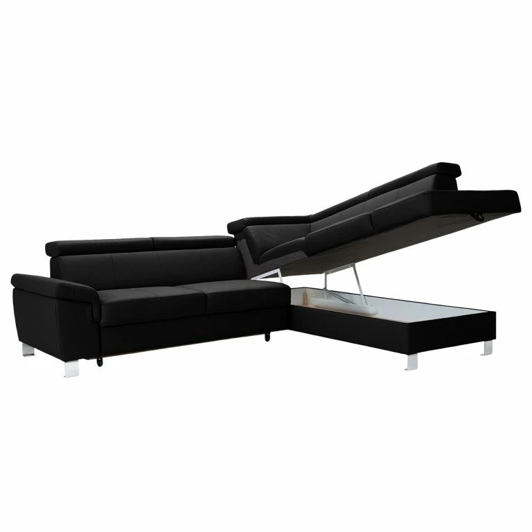 Loftscape Loftscape Canapé D’angle Busene – Cuir Véritable – Cuir Moja: Noir – Méridienne Longue à Droite (vue De Face) – Avec Fonction Couchage