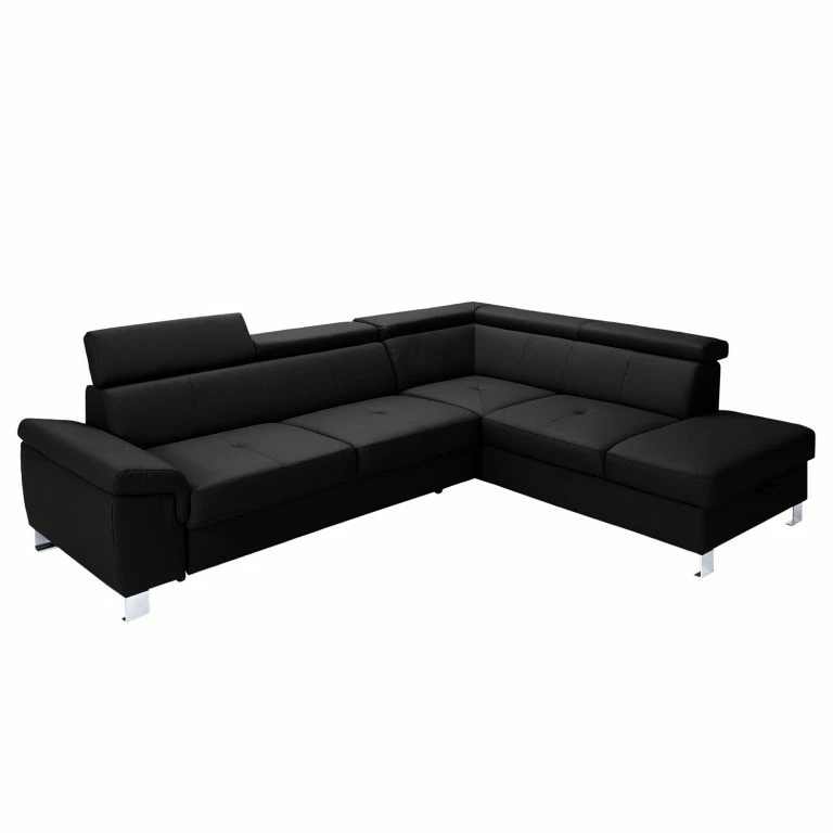 loftscape Loftscape Canapé d’angle Busene – Cuir véritable – Cuir Moja: Noir – Méridienne longue à droite (vue de face) – Avec fonction couchage