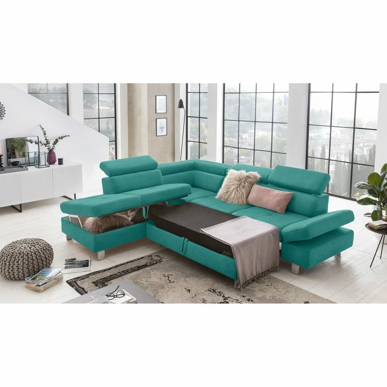 Loftscape Loftscape Canapé D’angle Calau – Microfibre – Microfibre Enza: Turquoise – Méridienne Longue à Gauche (vue De Face) – Avec Fonction Couchage