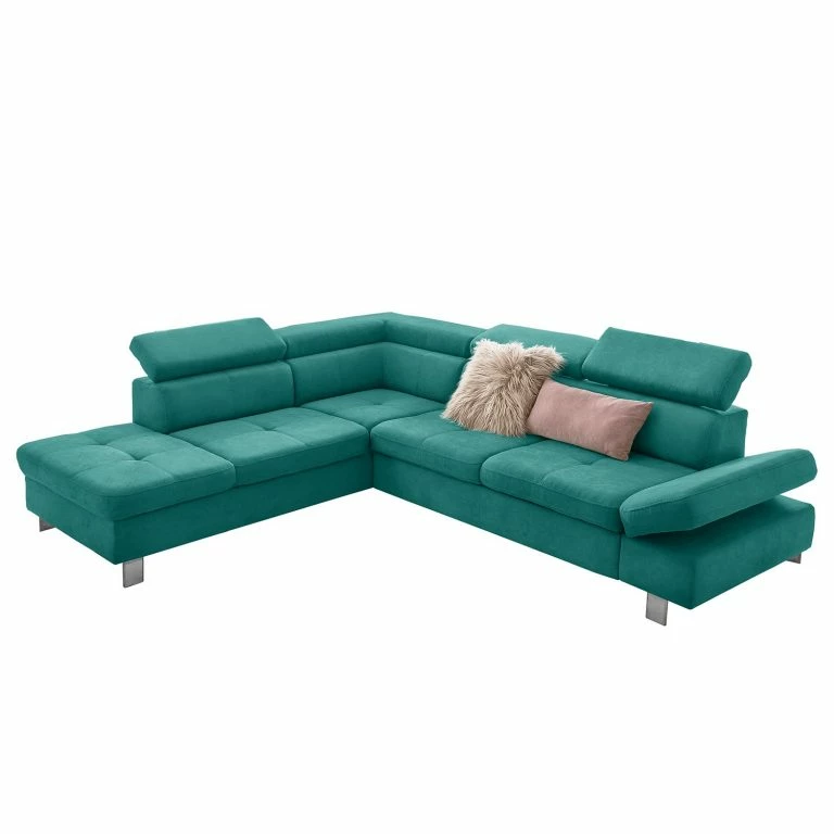 loftscape Loftscape Canapé d’angle Calau – Microfibre – Microfibre Enza: Turquoise – Méridienne longue à gauche (vue de face) – Avec fonction couchage