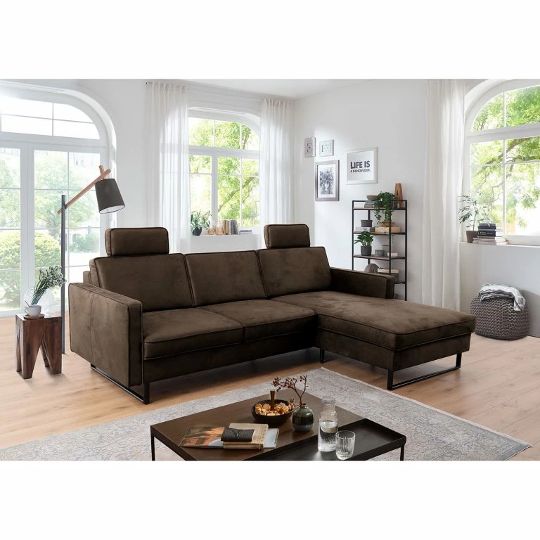 Loftscape Loftscape Canapé D’angle Godow II – Microfibre Flavie: Marron Foncé – Méridienne Courte à Droite (vue De Face)