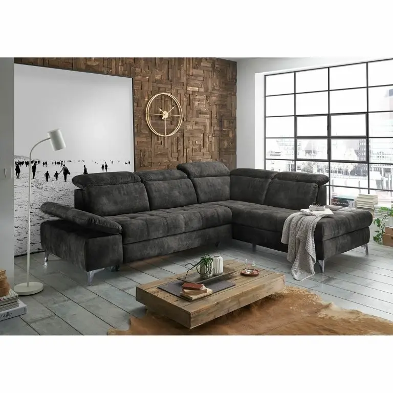 Loftscape Loftscape Canapé D’angle Groslay – Velours – Velours Insa: Gris Foncé – Méridienne Longue à Droite (vue De Face)