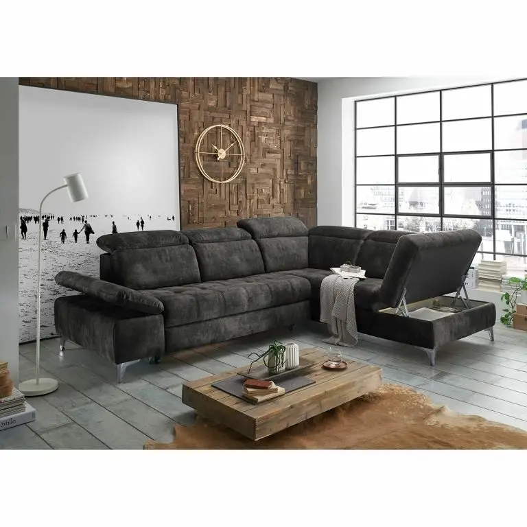 Loftscape Loftscape Canapé D’angle Groslay – Velours – Velours Insa: Gris Foncé – Méridienne Longue à Droite (vue De Face)