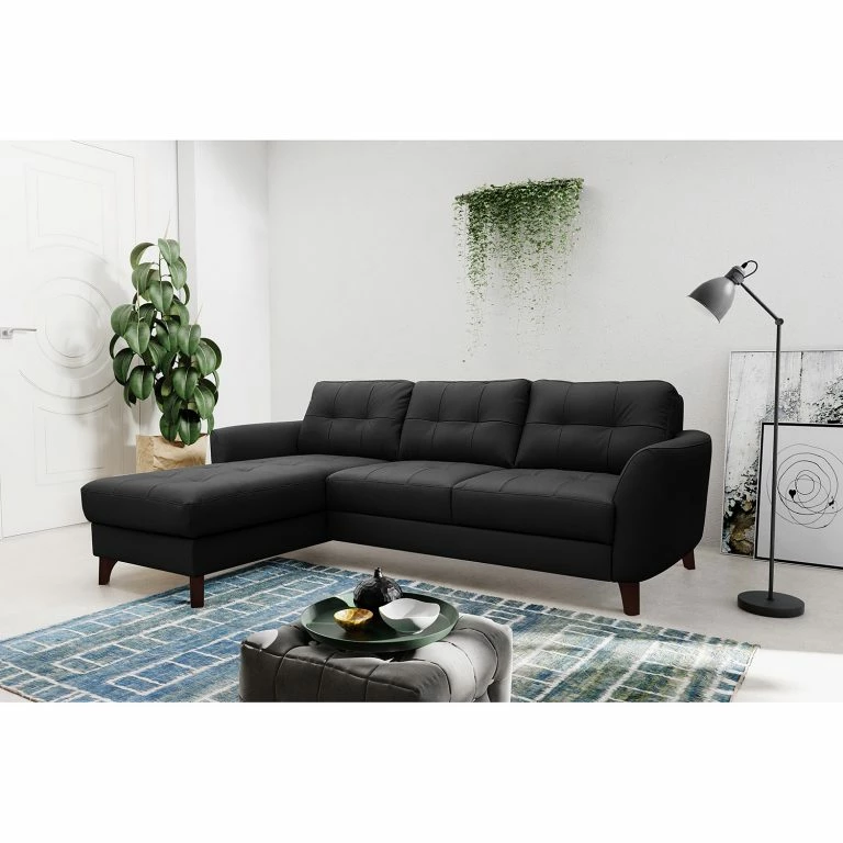 Loftscape Loftscape Canapé D’angle Heimari I – Cuir Mabel: Noir – Méridienne Courte à Gauche (vue De Face) – Avec Fonction Couchage