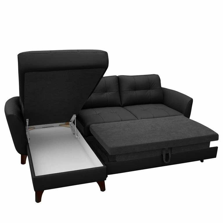 Loftscape Loftscape Canapé D’angle Heimari I – Cuir Mabel: Noir – Méridienne Courte à Gauche (vue De Face) – Avec Fonction Couchage