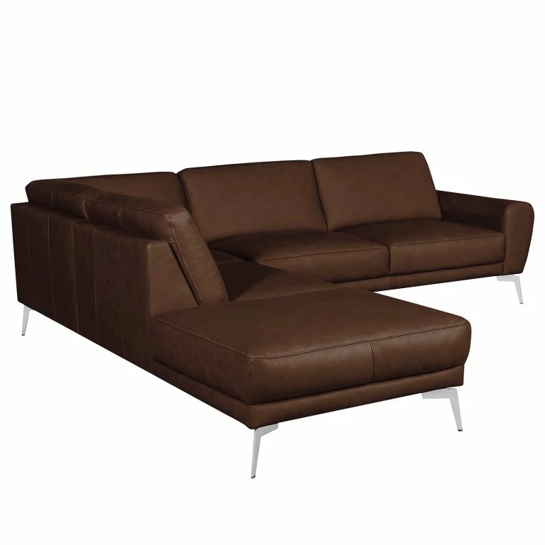 Loftscape Loftscape Canapé D’angle Kerman – Cuir Véritable – Cuir Nadra: Marron Foncé – Méridienne Longue à Gauche (vue De Face) – Chrome Brillant