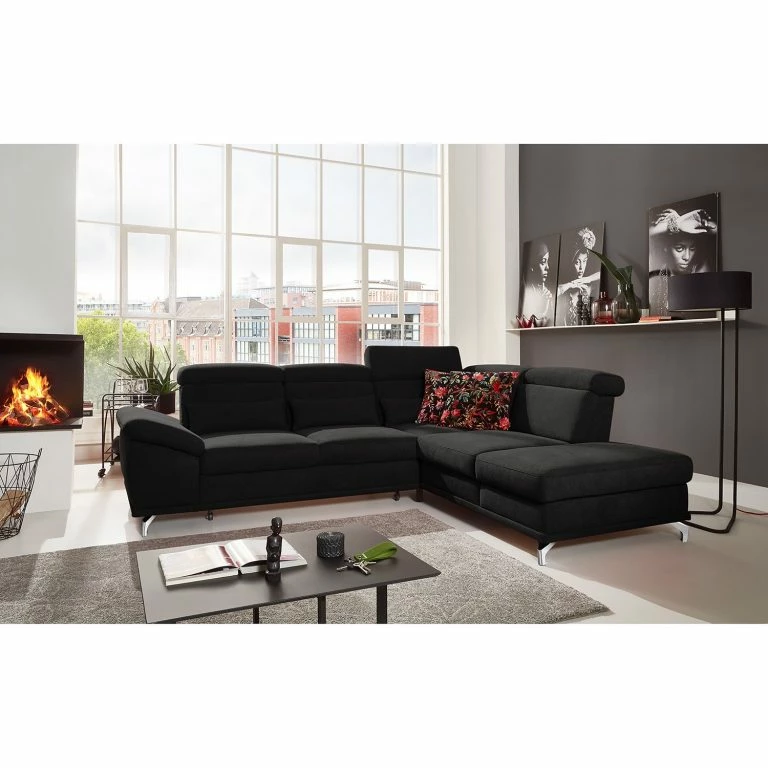 Loftscape Loftscape Canapé D’angle Tamaris II – Tissu – Tissu Palila: Noir – Angle à Droite (vu De Face) – Avec Fonction Couchage