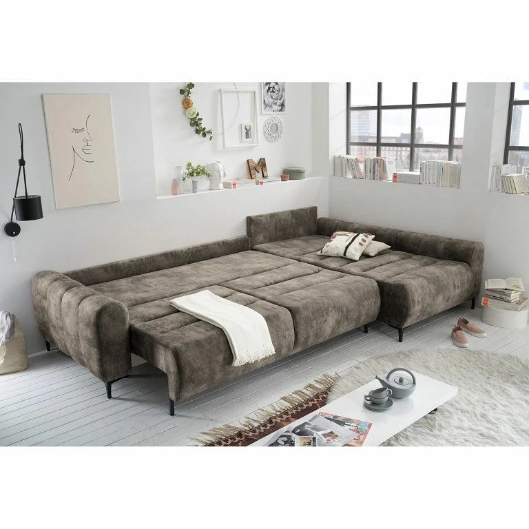 Loftscape Loftscape Canapé D’angle Venouse – Velours – Velours Insa: Gris Minéral – Méridienne Courte à Droite (vue De Face)