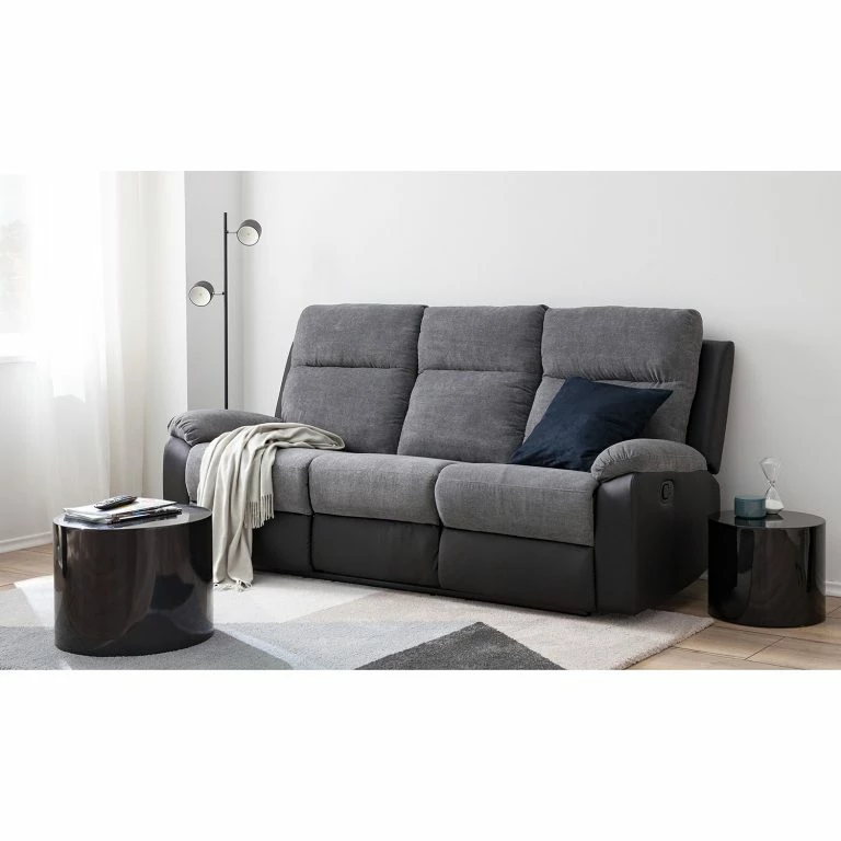 Loftscape Loftscape Canapé Relax Warmun (3 Places) – Imitation Cuir / Microfibre – Noir / Gris
