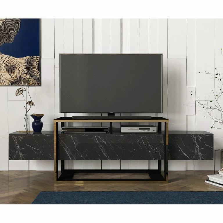 Loftscape Loftscape Meuble TV Board Luca – Imitation Marbre Noir / Doré