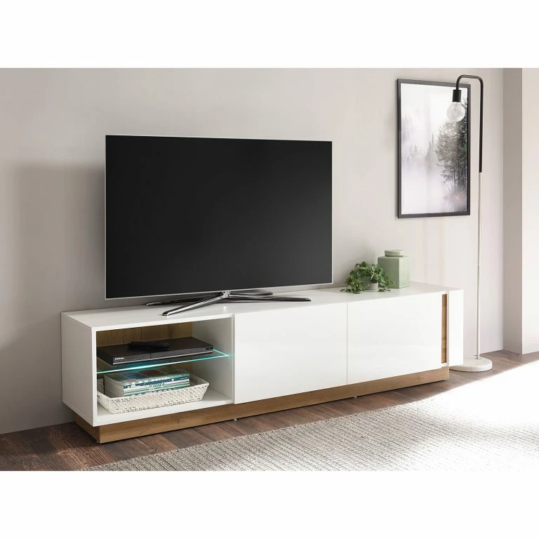 Loftscape Loftscape Meuble TV Cailla – Blanc Brillant / Imitation Chêne – Blanc Brillant – Largeur : 188 Cm