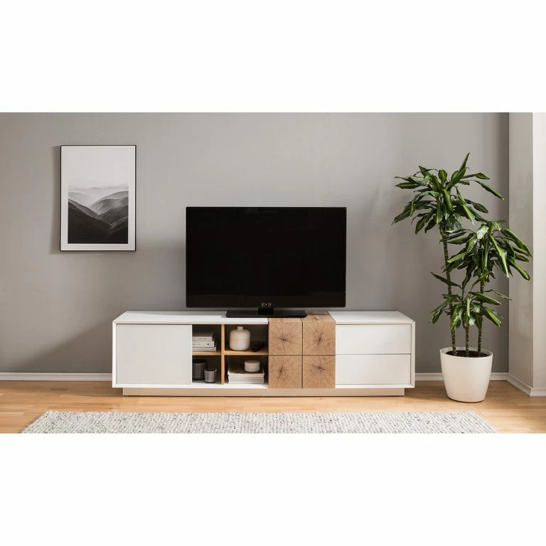 Loftscape Loftscape Meuble TV Crecora – Blanc / Imitation Chêne à Grain Fin