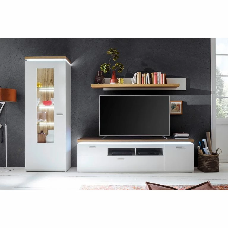 Loftscape Loftscape Meuble TV Mundai – Avec éclairage  – Blanc / Imitation Chêne De Wotan – Largeur : 196 Cm