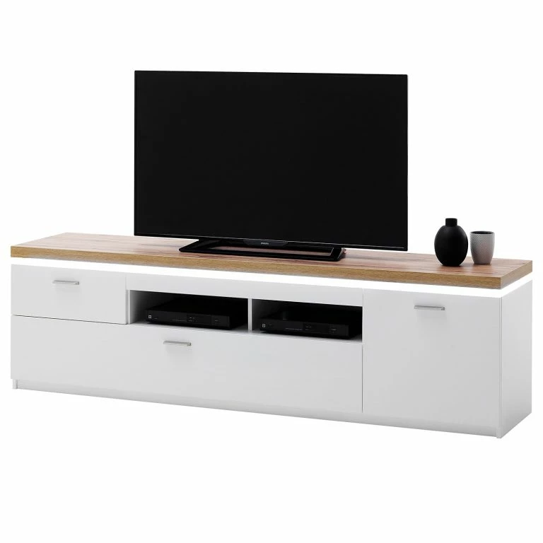 loftscape Loftscape Meuble TV Mundai – Avec éclairage  – Blanc / Imitation chêne de Wotan – Largeur : 196 cm