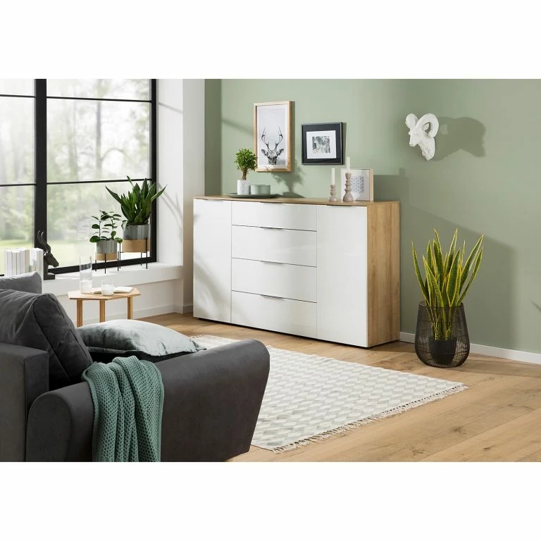 Loftscape Maja Möbel Buffet Trend II – Verre – Blanc / Imitation Chêne Sonoma