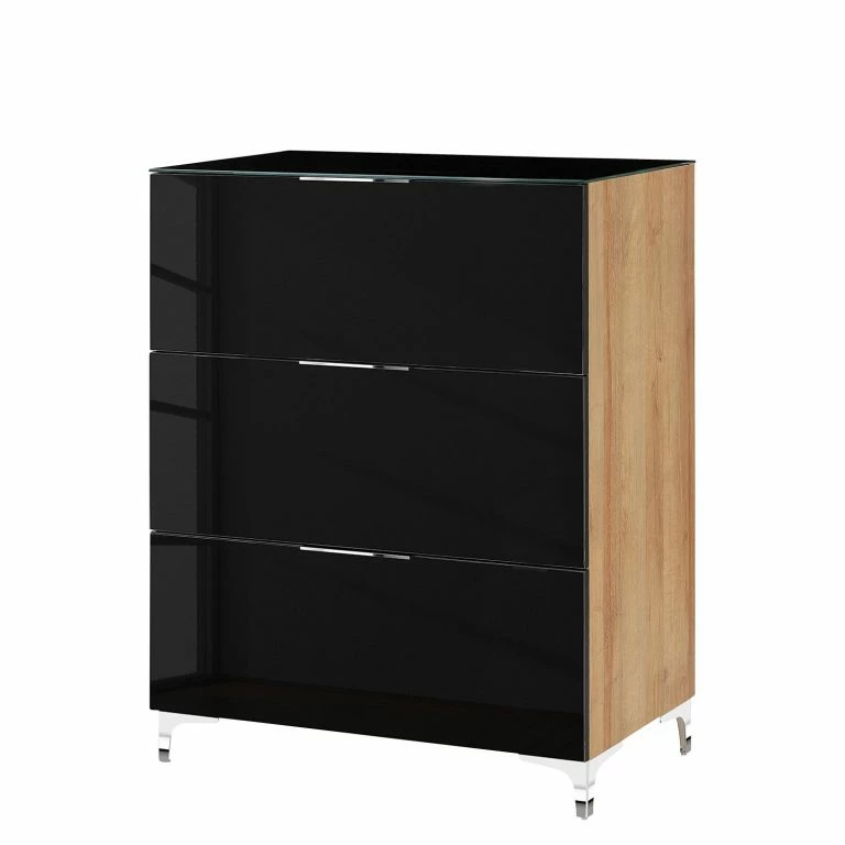 loftscape Maja Möbel Commode Shino I – Verre noir / Imitation chêne de Riviera – Hauteur : 109 cm