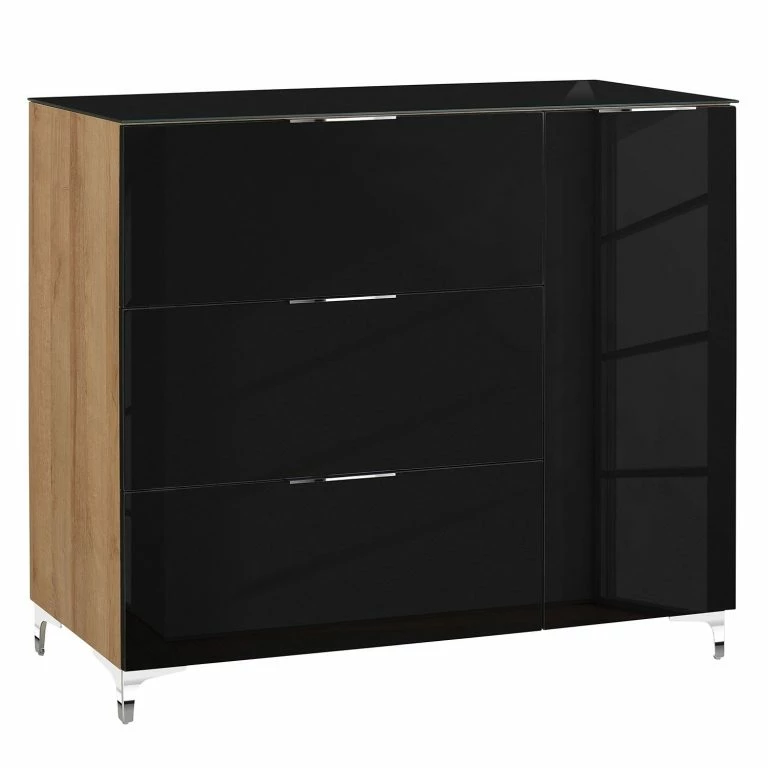 loftscape Maja Möbel Commode Shino II – Verre noir / Imitation chêne de Riviera
