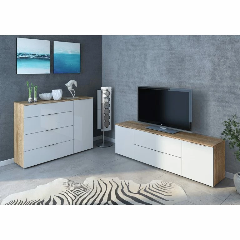 Loftscape Maja Möbel Commode Trend V – Verre – Blanc / Imitation Chêne Sonoma