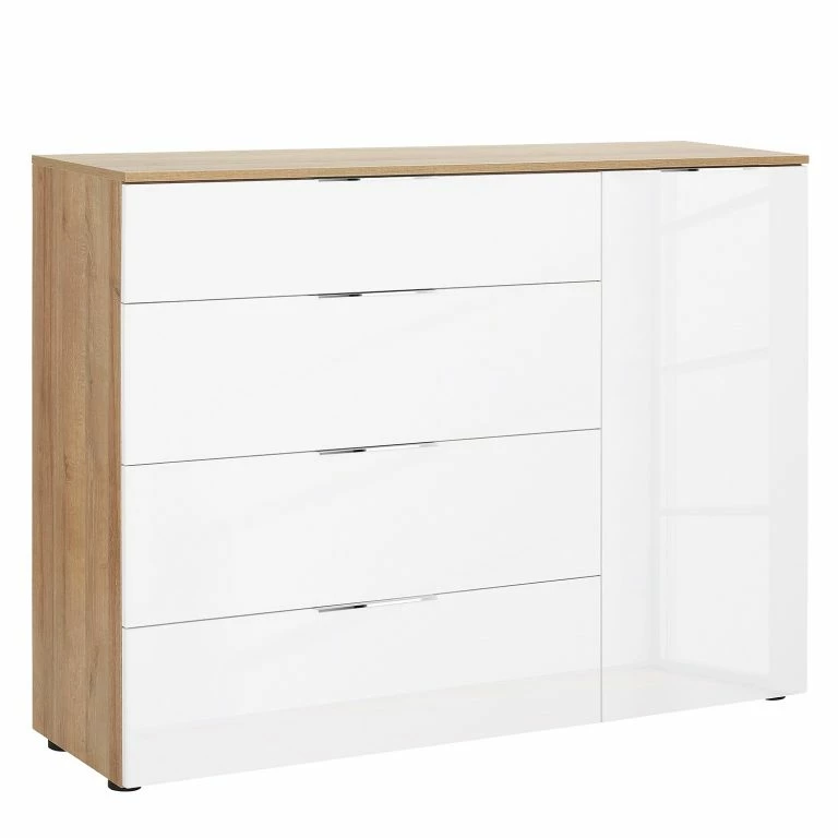 Loftscape Maja Möbel Commode Trend V – Verre – Blanc / Imitation Chêne Sonoma