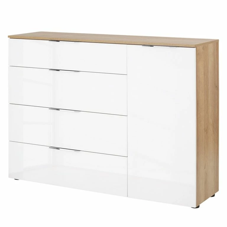 loftscape Maja Möbel Commode Trend V – Verre – Blanc / Imitation chêne Sonoma