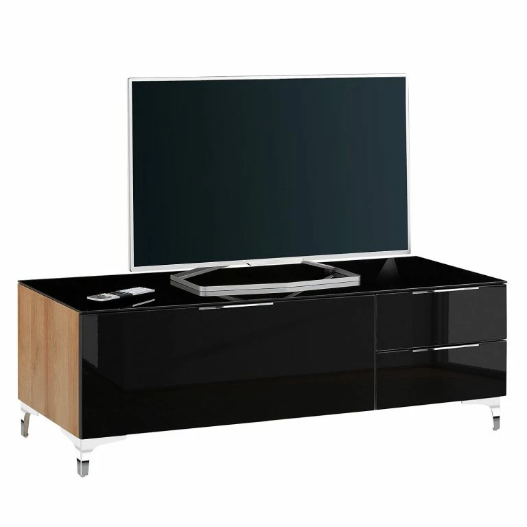 loftscape Maja Möbel Meuble TV Shino II – Verre noir / Imitation chêne de Riviera