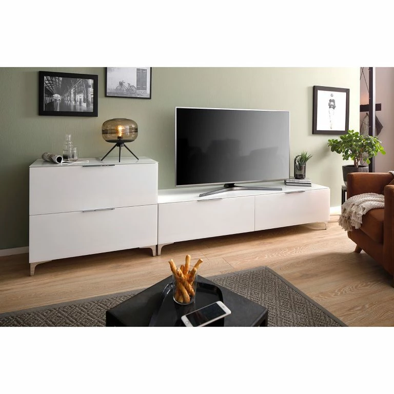 Loftscape Maja Möbel Meuble TV Shino III – Verre Blanc / Blanc