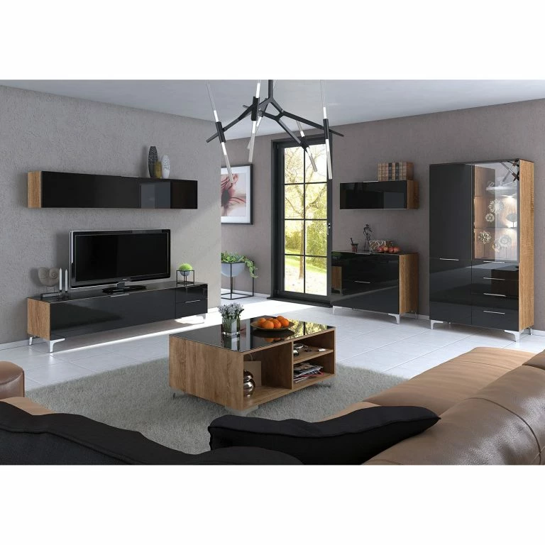 Loftscape Maja Möbel Meuble TV Shino IV – Verre Noir / Imitation Chêne De Riviera