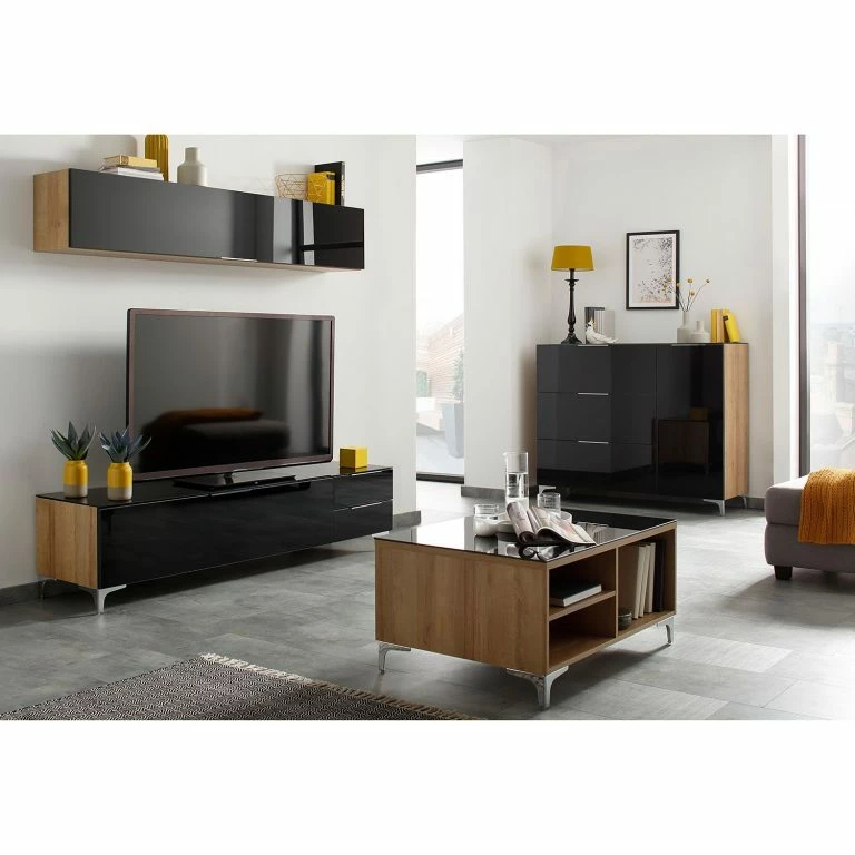 Loftscape Maja Möbel Meuble TV Shino IV – Verre Noir / Imitation Chêne De Riviera