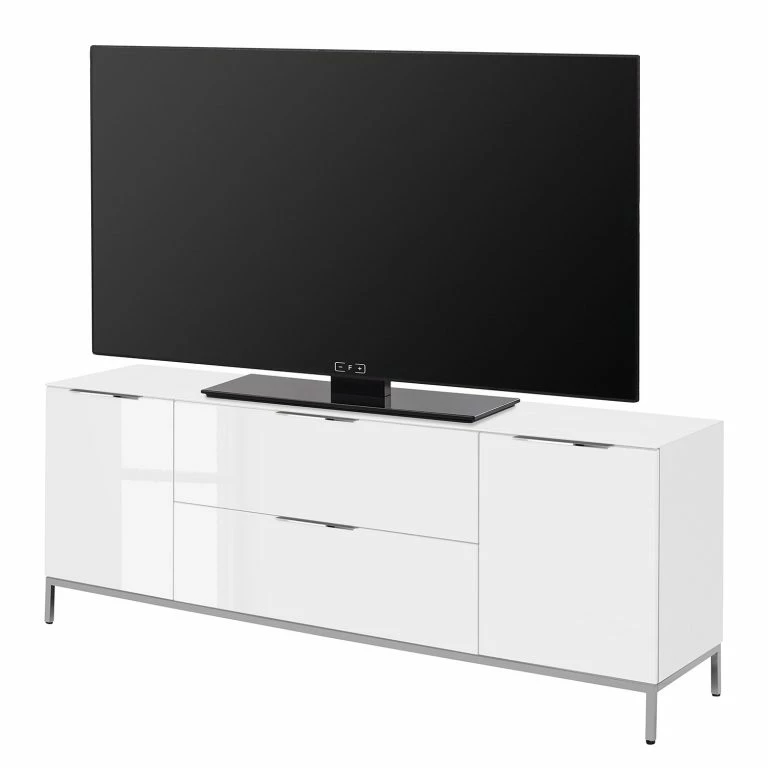 loftscape Maja Möbel Meuble TV Trend – Verre – Blanc brillant / Chrome
