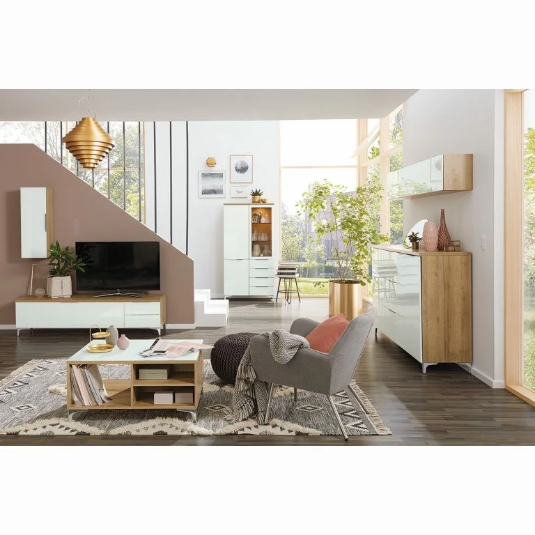 Loftscape Maja Möbel Table Basse Shino – Verre Blanc / Imitation Chêne De Riviera