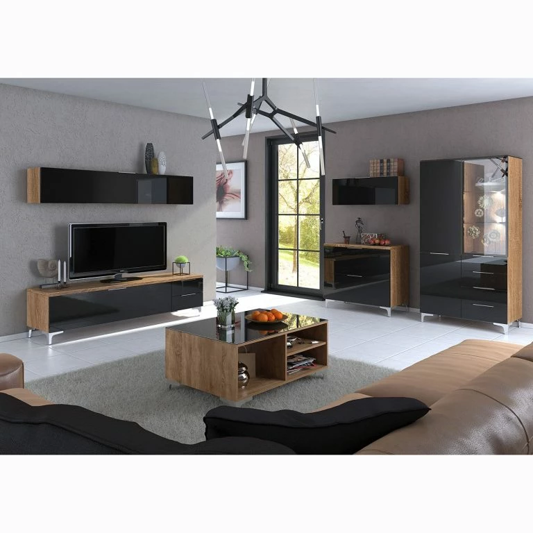 Loftscape Maja Möbel Table Basse Shino – Verre Noir / Imitation Chêne De Riviera