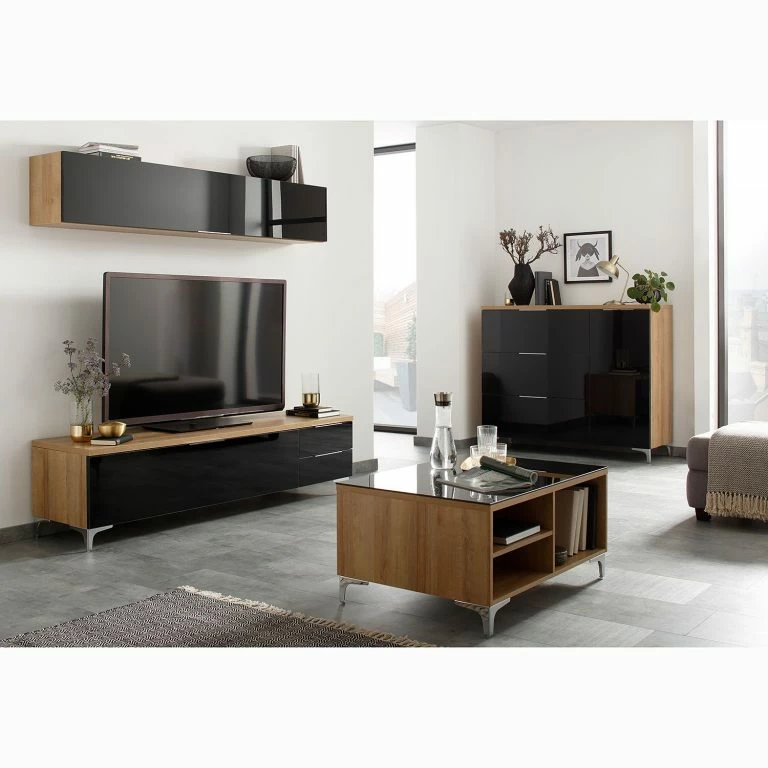 Loftscape Maja Möbel Table Basse Shino – Verre Noir / Imitation Chêne De Riviera