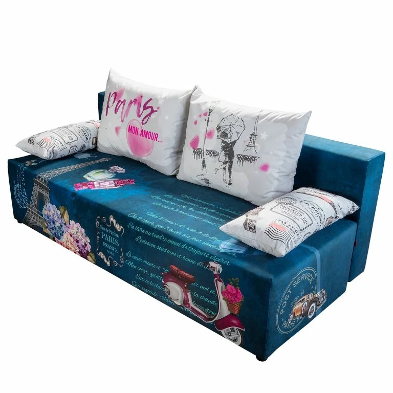 loftscape Mooved Canapé convertible Gabun – Tissage à plat – Bleu / Blanc – Suspension à ressorts ondulés