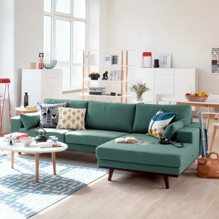 Loftscape Mørteens Canapé D’angle Billund I – Tissu Structuré – Bleu Pétrole / Gris – Méridienne Courte à Droite (vue De Face)