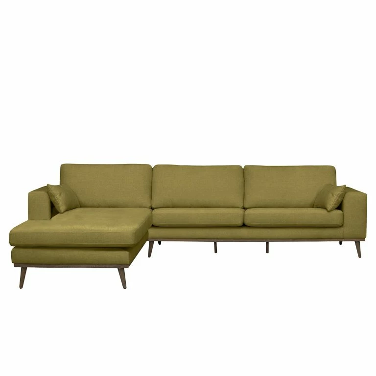 loftscape Mørteens Canapé d’angle Billund I – Tissu structuré – Vert olive – Méridienne courte à gauche (vue de face)