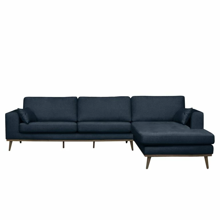 loftscape Mørteens Canapé d’angle Billund I – Tissu structuré – Bleu foncé – Méridienne courte à droite (vue de face)