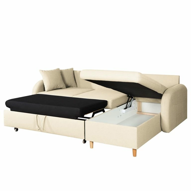 Loftscape Mørteens Canapé D’angle Convertible Eastville – Tissu – Méridienne à Monter à Gauche Ou à Droite – Beige Clair – Coffre De Lit – Fonction Couchage
