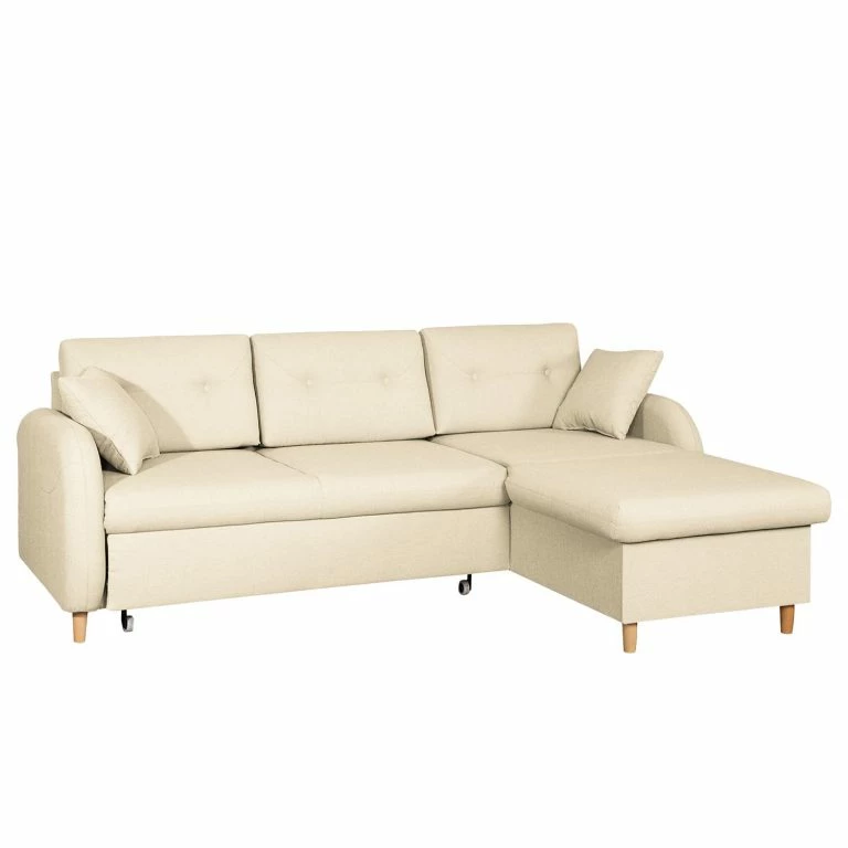 loftscape Mørteens Canapé d’angle convertible Eastville – Tissu – Méridienne à monter à gauche ou à droite – Beige clair – Coffre de lit – Fonction couchage