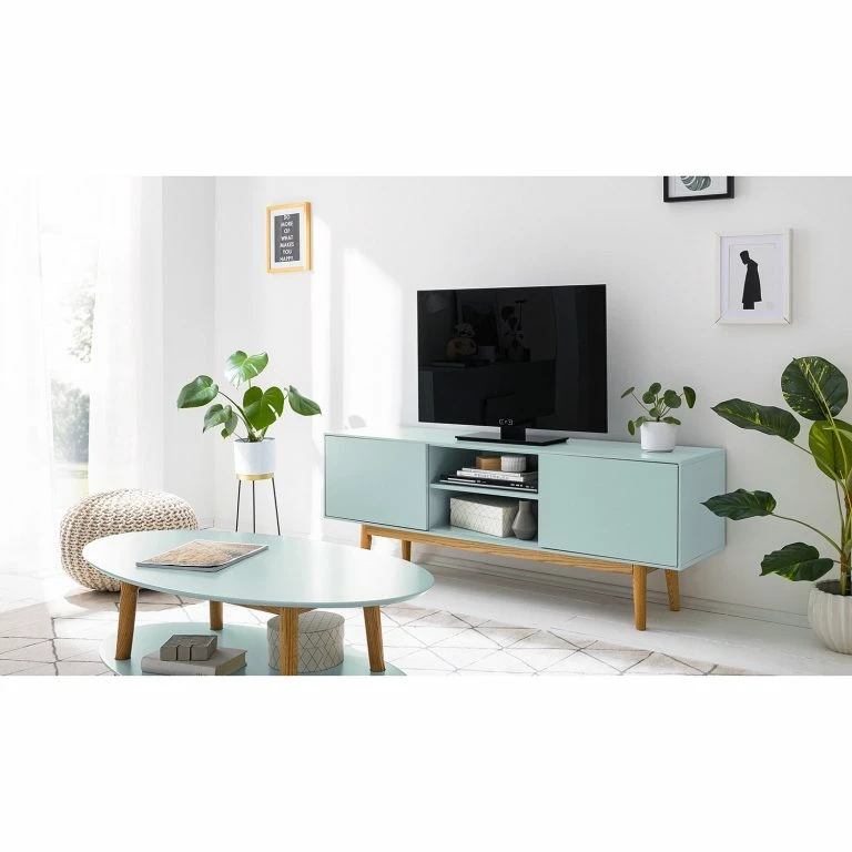 Loftscape Mørteens Meuble TV Lindholm – Partiellement En Chêne Massif – Vert Menthe – 160 X 40 Cm