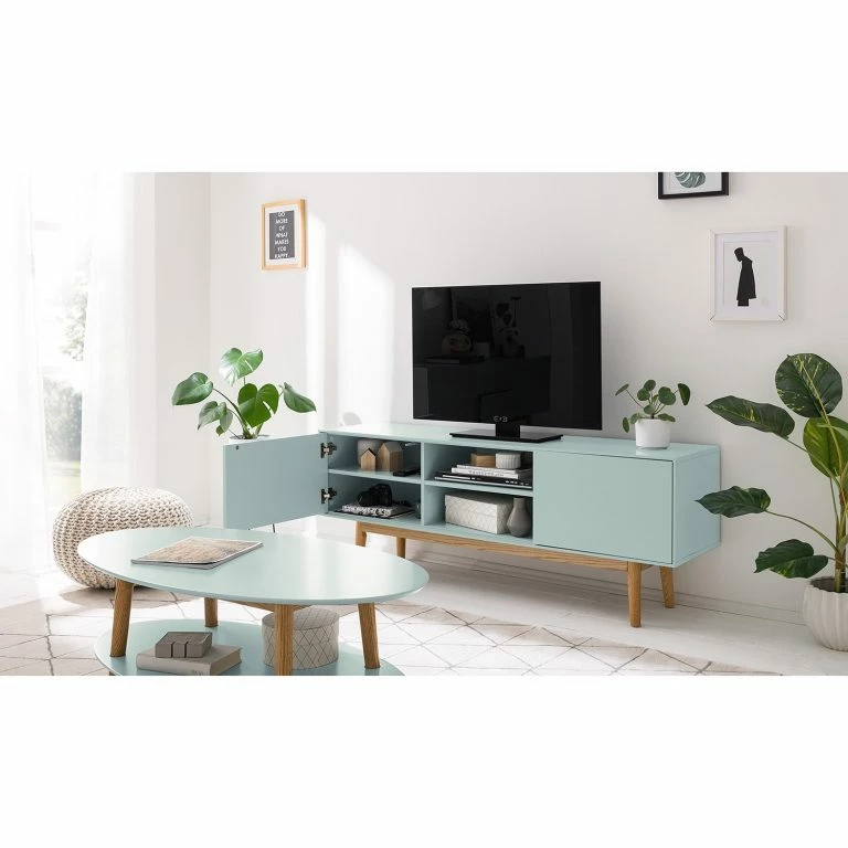 Loftscape Mørteens Meuble TV Lindholm – Partiellement En Chêne Massif – Vert Menthe – 160 X 40 Cm