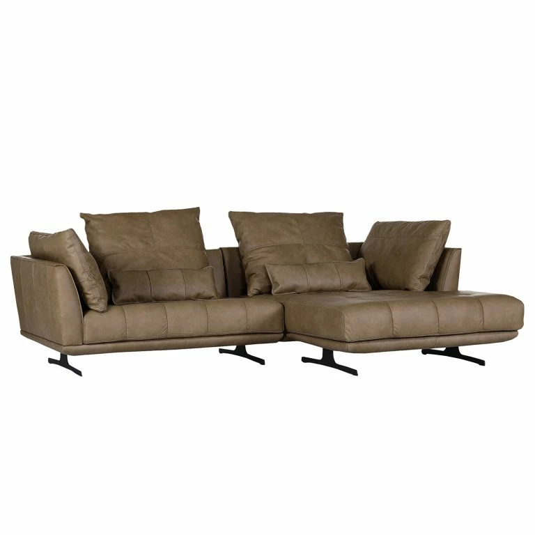 loftscape Naturoo Canapé d’angle Ruona – Cuir véritable – Noix de muscade – Méridienne longue à droite (vue de face)
