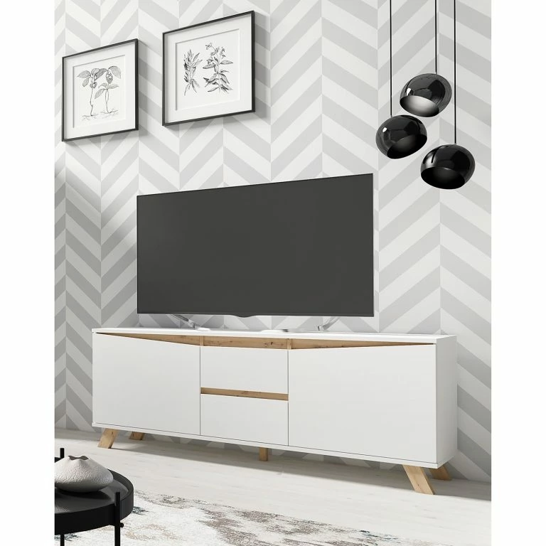 Loftscape Norrwood Meuble TV Rautha – Blanc Mat / Imitation Chêne