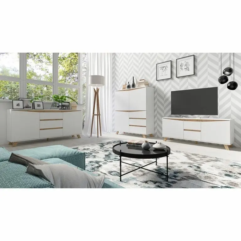 Loftscape Norrwood Meuble TV Rautha – Blanc Mat / Imitation Chêne