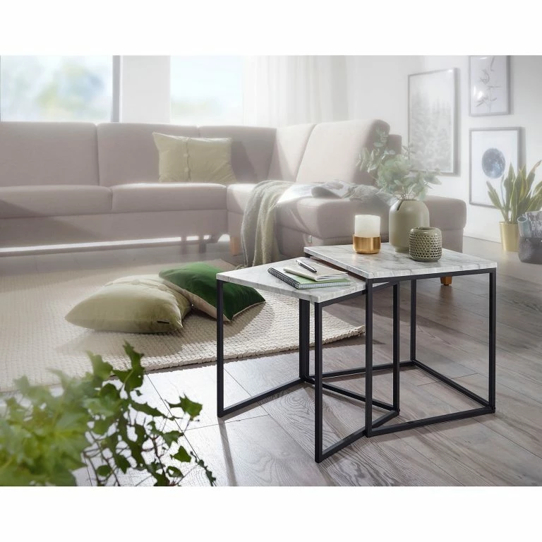 Loftscape Norrwood Tables Gigognes Paiteago (lot De 2) – Imitation Marbre Blanc / Noir