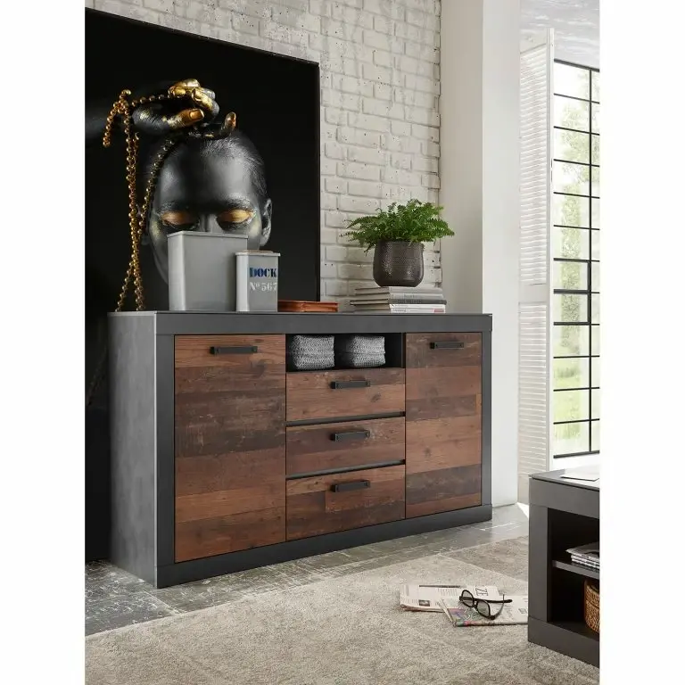 Loftscape Red Living Buffet Buzan – Imitation Bois Recyclé / Anthracite