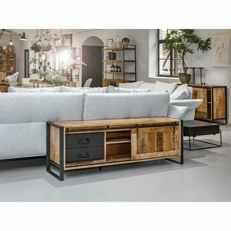 Loftscape Red Living Meuble TV Toleos – Manguier Brut Massif / Fer – Manguier / Noir