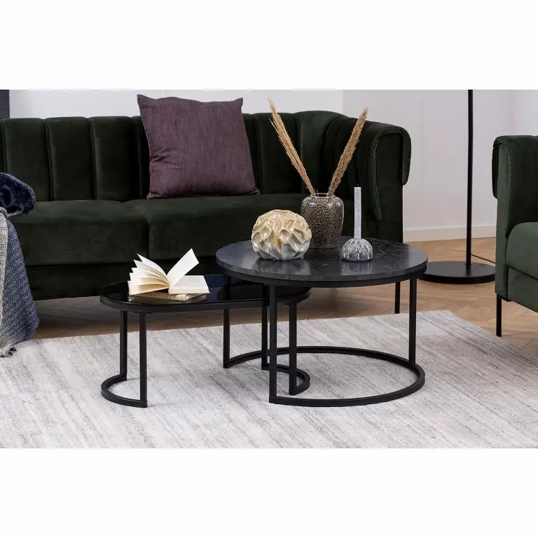 Loftscape Red Living Tables Basse Senez I (lot De 2) – Verre / Métal – Imitation Marbre Noir / Noir